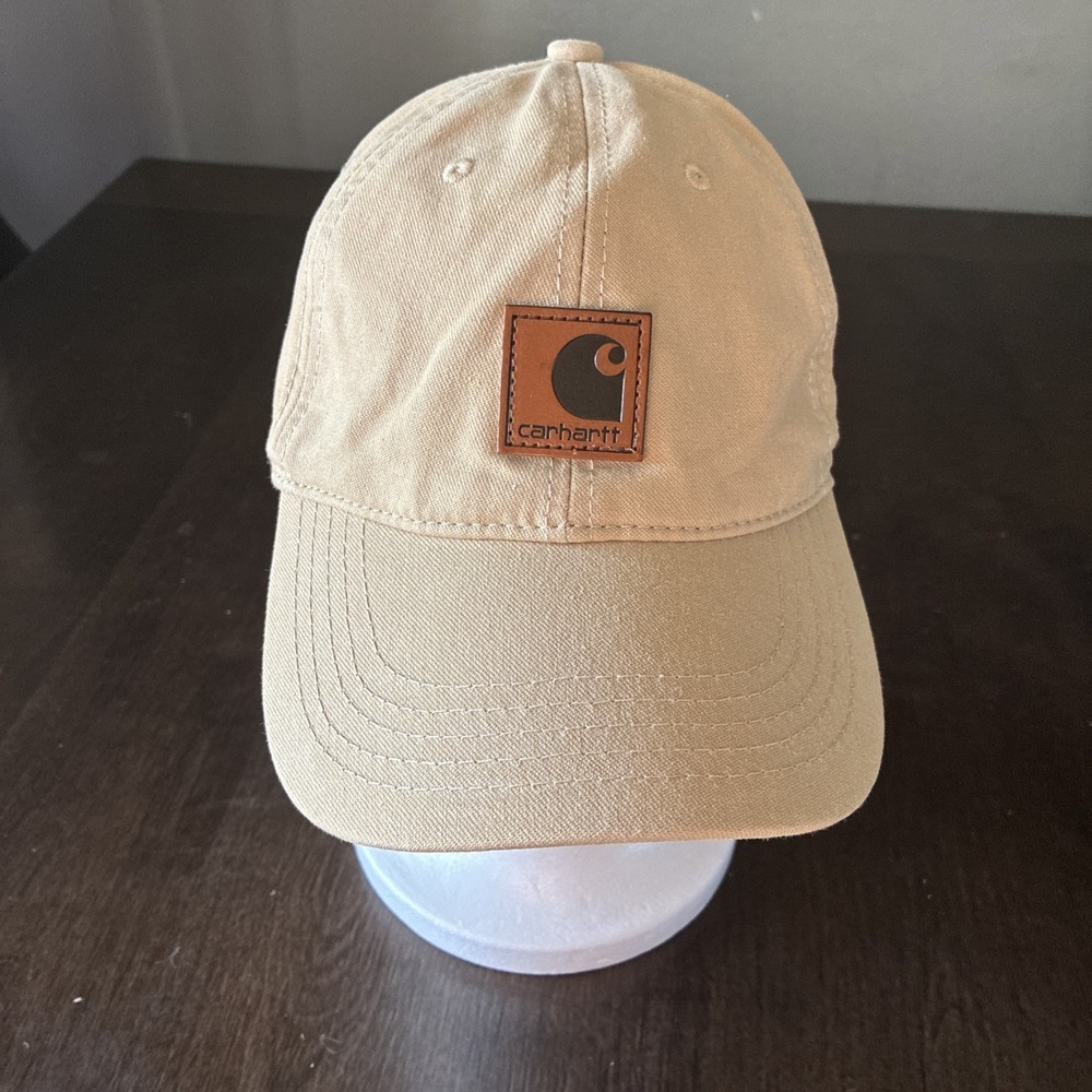 Carhartt Mens Hat Canvas Strapback Cap Leather Logo Patch Tan One Size Tan Khaki